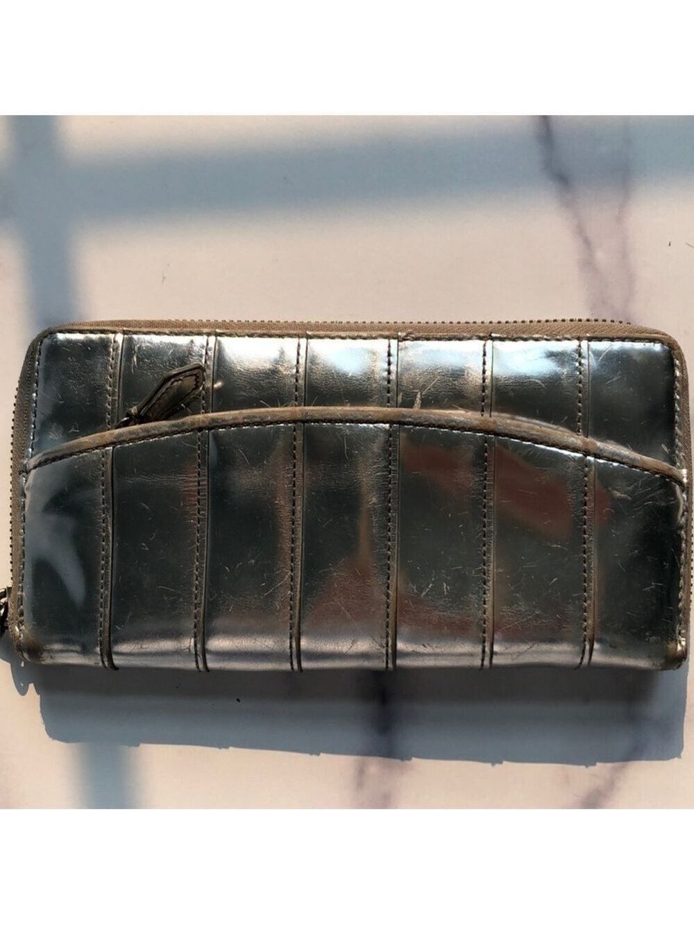 Reed Krakoff Silver Leather Zip Around Ribbon Large Wallet Flawed